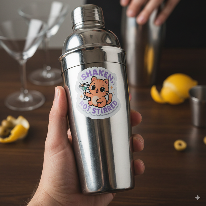 Cute orange cat holding martini with text “Shaken, Not Stirred” vinyl sticker