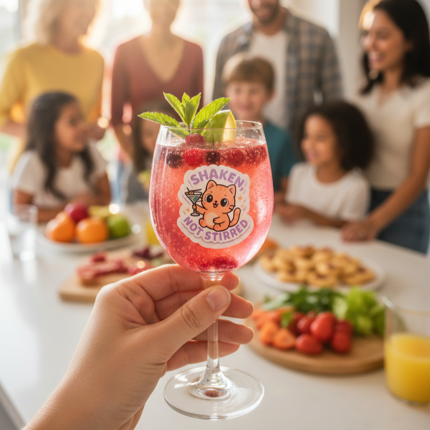 Cute orange cat holding martini with text “Shaken, Not Stirred” vinyl sticker