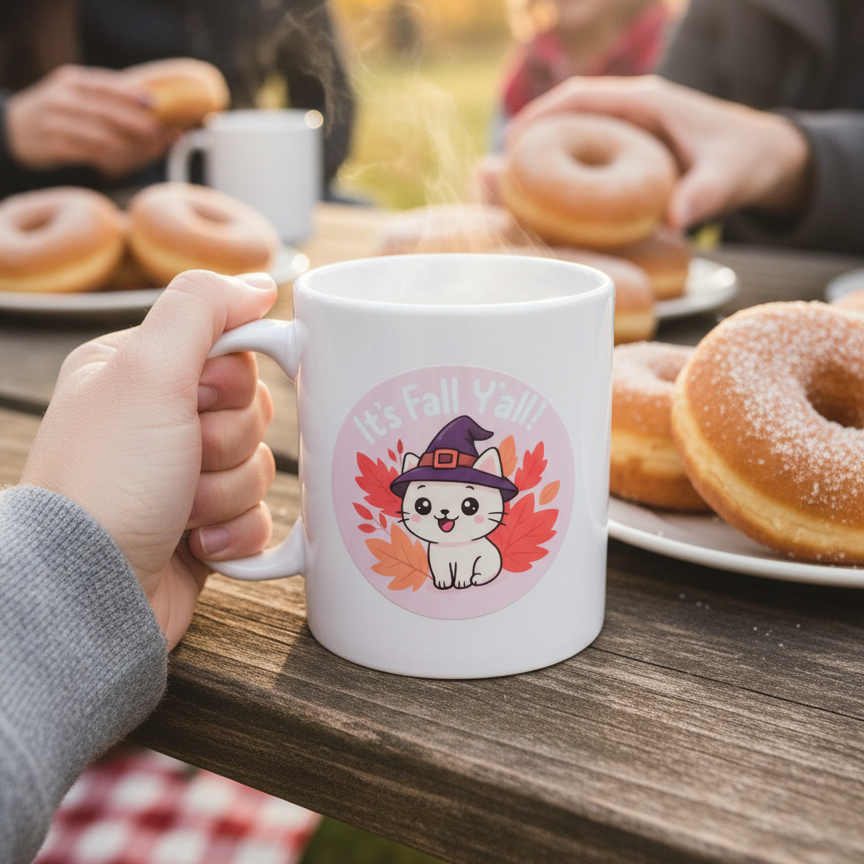 It’s Fall Y’all Cat Vinyl Sticker – 3" Autumn Witch Hat Die-Cut Sticker - Designs by Mysh