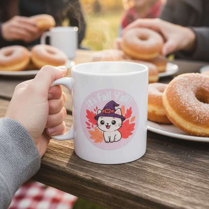 It’s Fall Y’all Cat Vinyl Sticker – 3" Autumn Witch Hat Die-Cut Sticker - Designs by Mysh