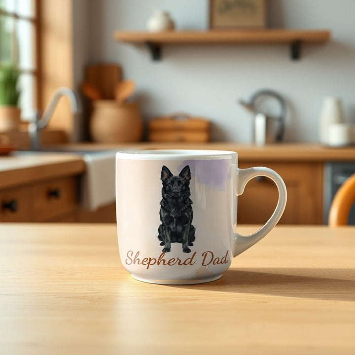 Shepherd Dad watercolor German Shepherd mug on a kitchen table - Designs by Mysh