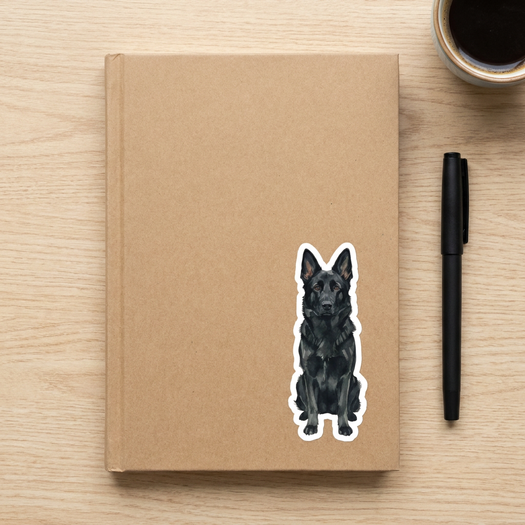 Black German Shepherd watercolor vinyl sticker on a kraft journal cover – Designs by Mysh