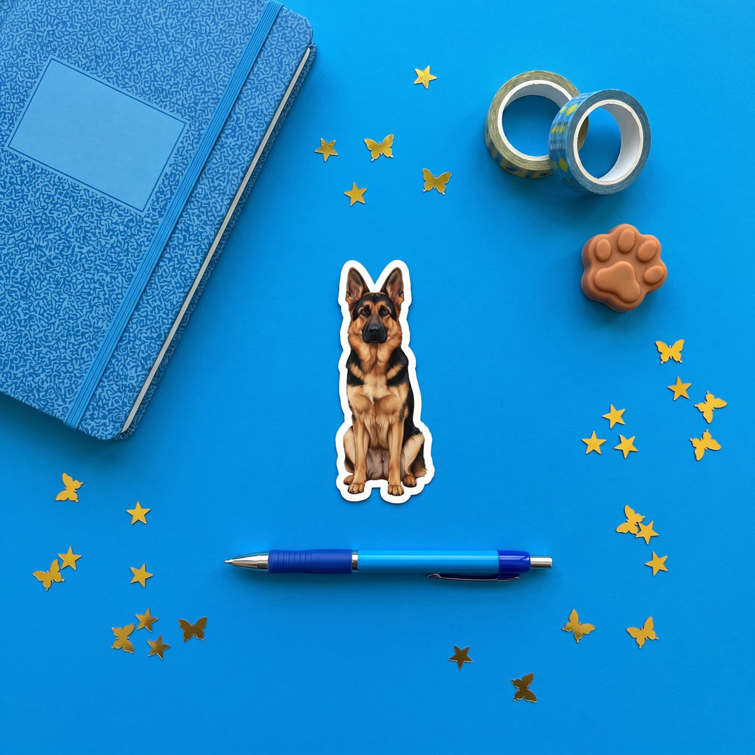 German Shepherd Sable Watercolor Sticker in a blue flat lay