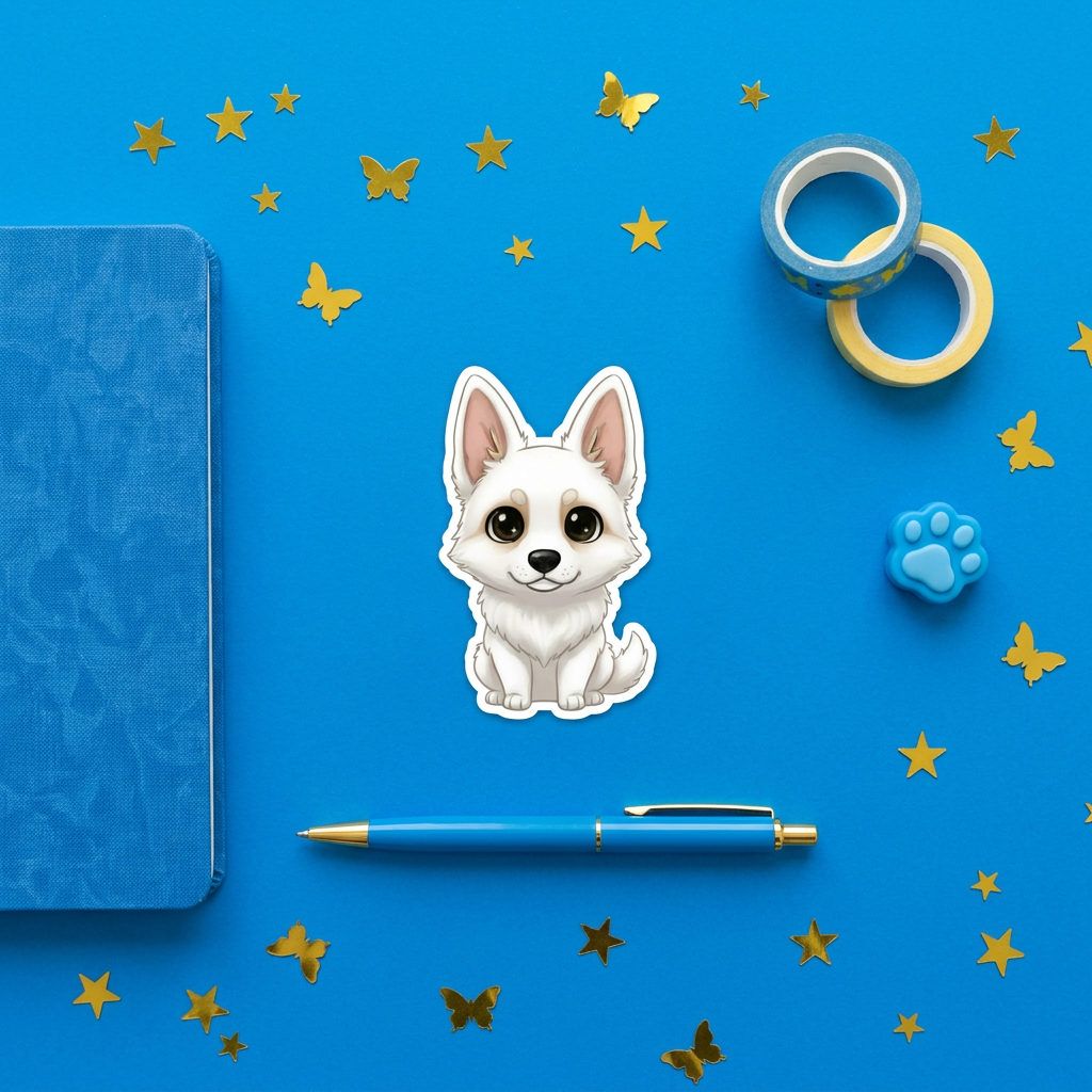 German Shepherd White Kawaii Sticker in a blue flat lay