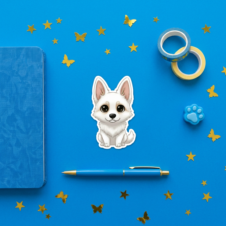 German Shepherd White Kawaii Sticker in a blue flat lay