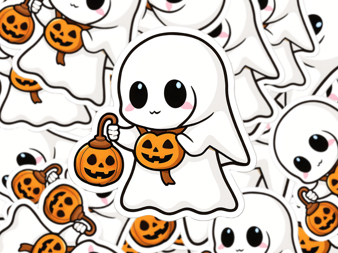 Trick or Treat Ghost Sticker, Kawaii Halloween Vinyl Decal, Cute Ghost with Pumpkin Lantern, Spooky Season Fall Decor - Designs by Mysh