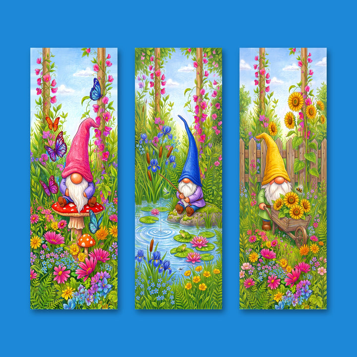 Garden Gnome bookmark set of 3: pink gnome on a toadstool, blue gnome fishing at a frog pond, yellow gnome with a sunflower wheelbarrow - 2x6 colored-pencil bookmarks by Designs by Mysh