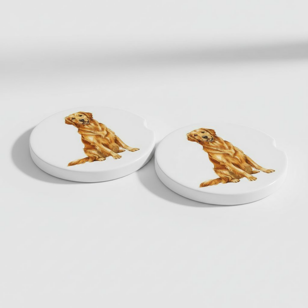 Set of two ceramic car coasters featuring a watercolor-style dark golden retriever illustration on a white background, with side notches for easy removal.