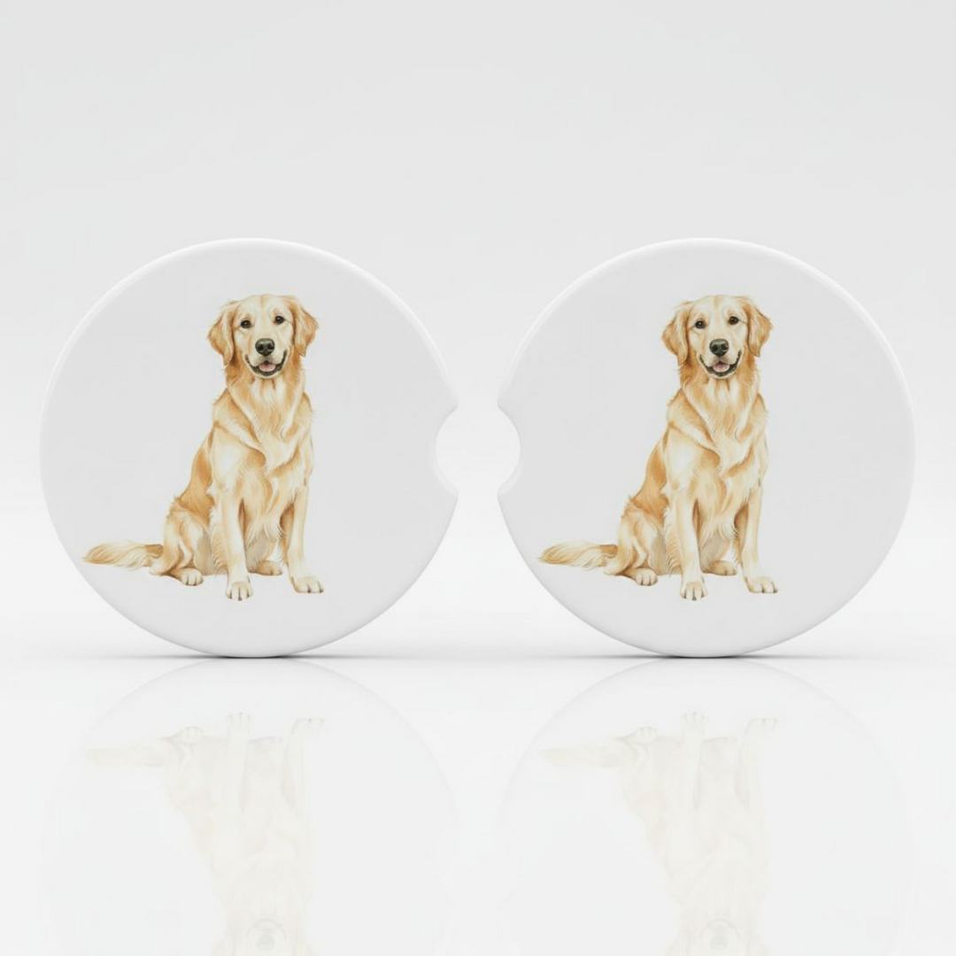 Set of two ceramic car coasters featuring a realistic illustration of a light golden retriever on a white background, with side notch for easy removal.