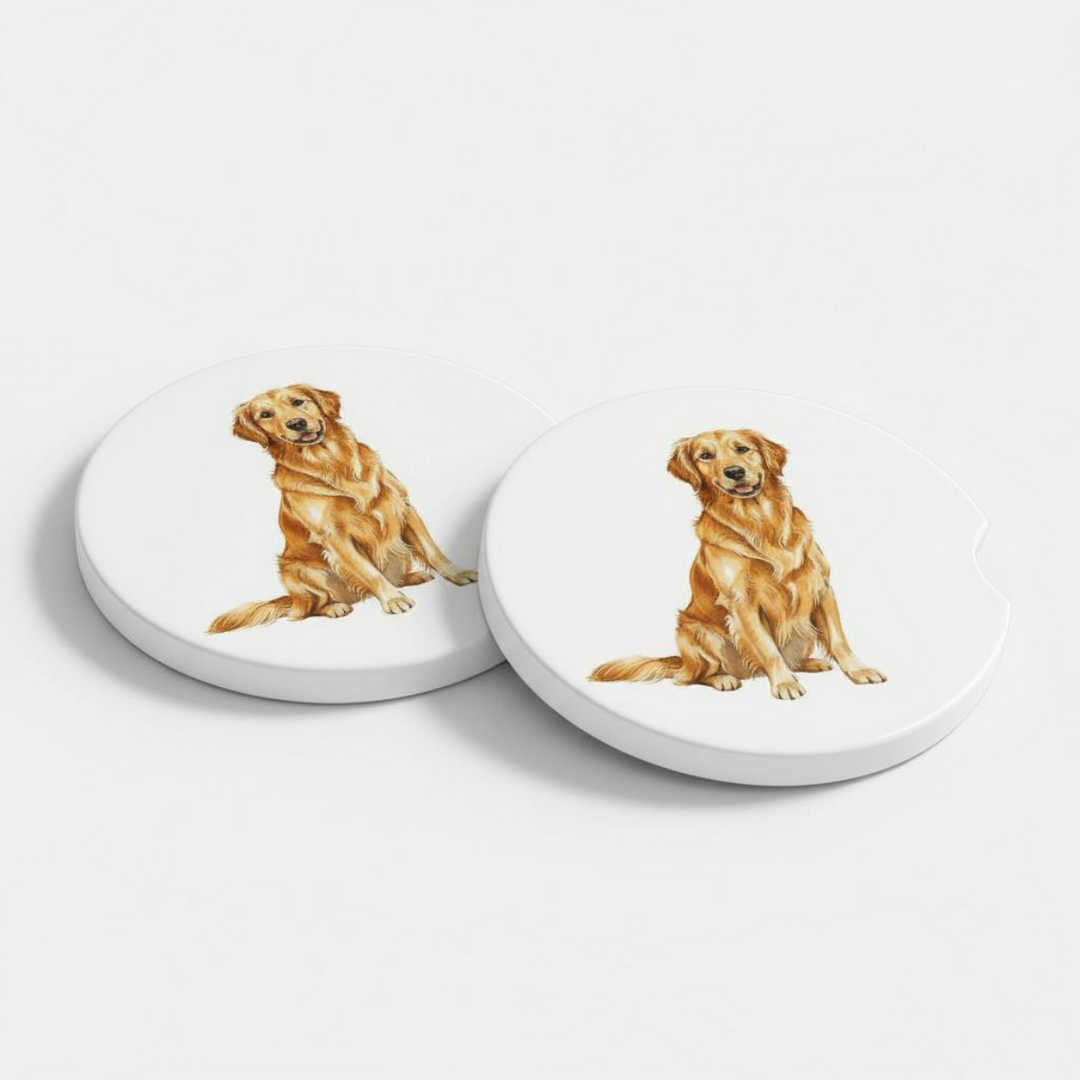 Set of two ceramic car coasters featuring a realistic golden retriever illustration on a white background, designed to fit most car cup holders.