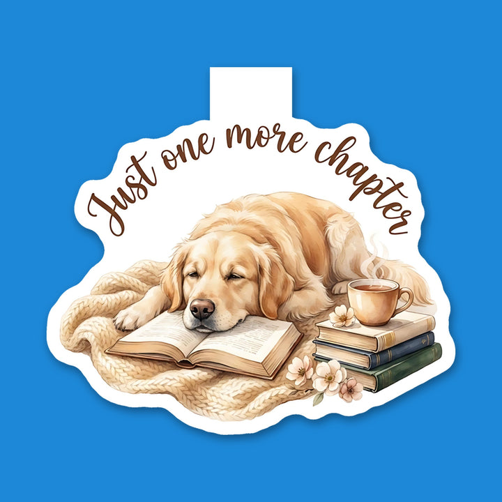 Golden Retriever "Just one more chapter" magnetic bookmark on brand blue – Designs by Mysh