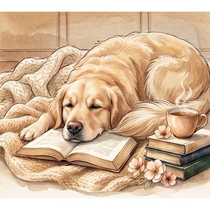 Close-up of the sleeping Golden Retriever on an open book on the Just One More Chapter bookmark