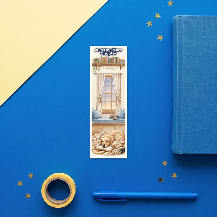 Golden Retriever Just One More Chapter 2x6 bookmark flat lay with blue book and stationery – Designs by Mysh