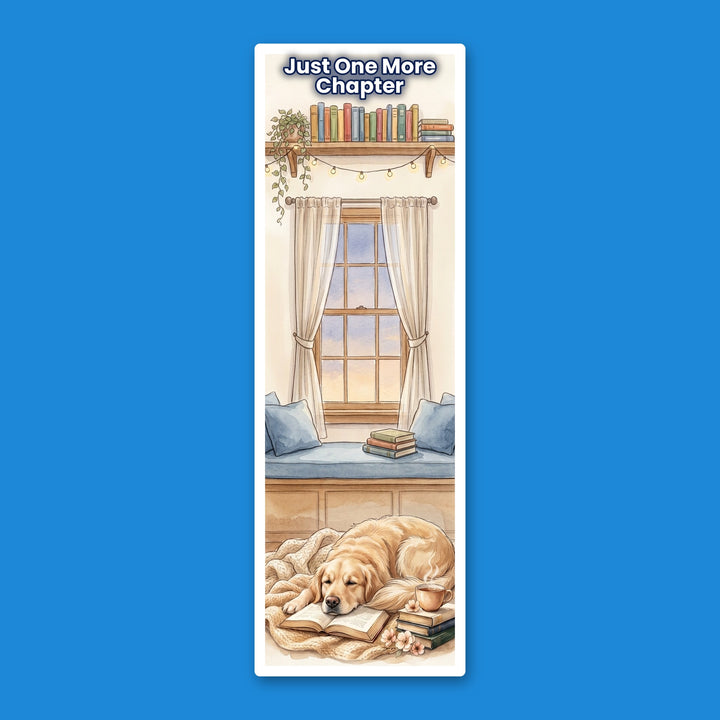 Golden Retriever 2x6 bookmark “Just One More Chapter” on brand blue – Designs by Mysh