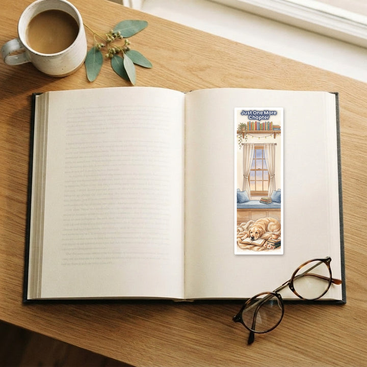 Golden Retriever Just One More Chapter bookmark on an open book with coffee and glasses – Designs by Mysh