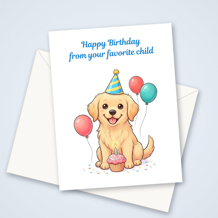 Dog birthday greeting card with a kawaii light golden Golden Retriever in a party hat and the words Happy Birthday from your favorite child, shown with a white envelope