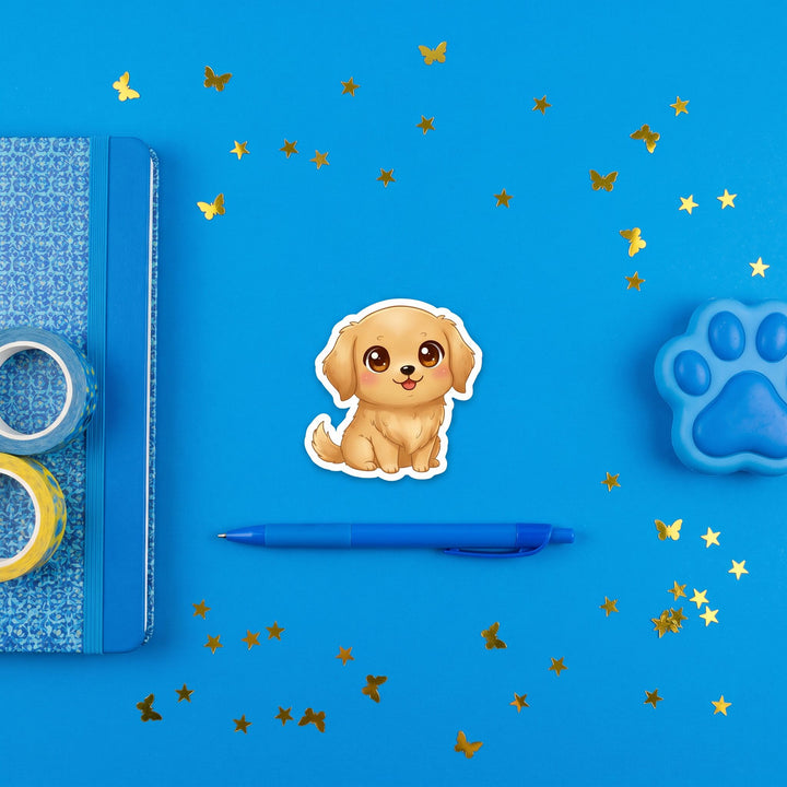 Golden Retriever Light Golden Kawaii Sticker in a blue flat lay
