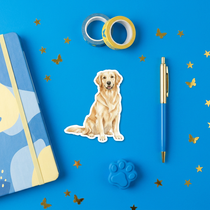 Light Golden Retriever 3 inch sticker flat lay with blue and yellow stationery – Designs by Mysh