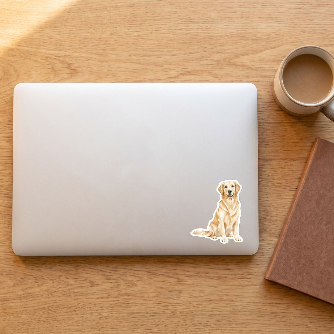Light Golden Retriever watercolor vinyl sticker on a laptop lid – Designs by Mysh