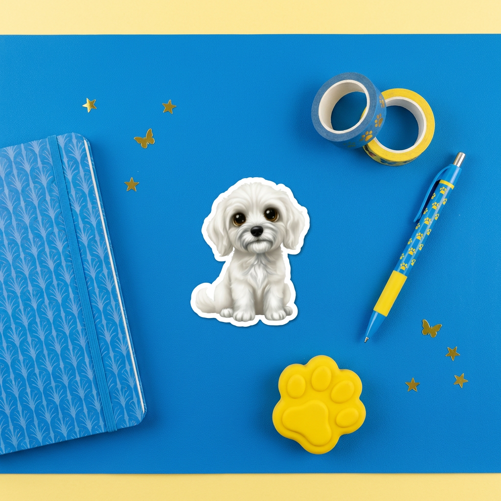 Goldendoodle Chalk White kawaii vinyl sticker 3 inch flat lay with blue and yellow stationery – Designs by Mysh