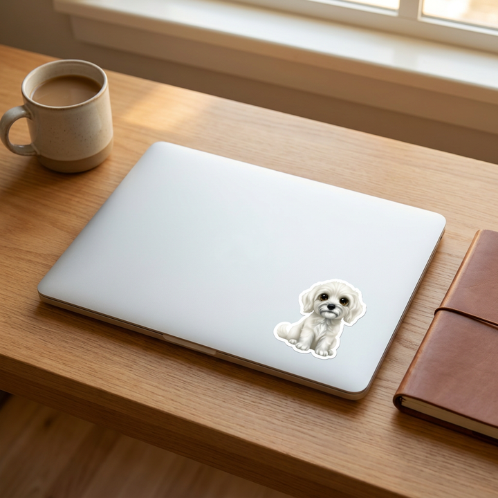 Goldendoodle Chalk White kawaii vinyl sticker on a laptop lid – Designs by Mysh