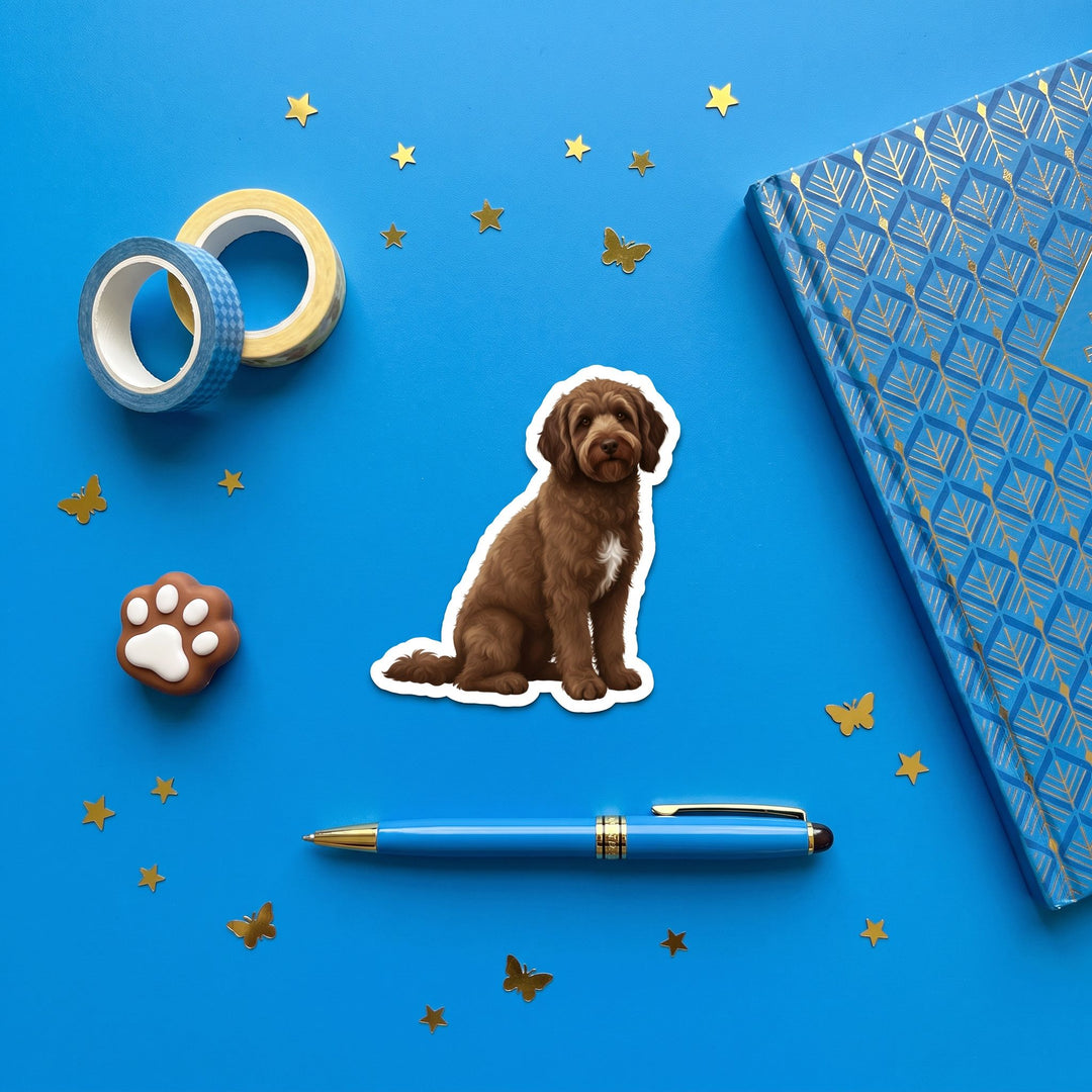 Goldendoodle Chocolate Sticker brand flat lay - Designs by Mysh
