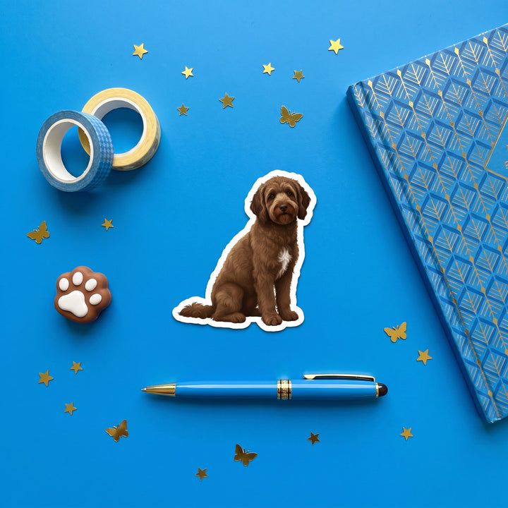 Goldendoodle Chocolate Sticker brand flat lay - Designs by Mysh