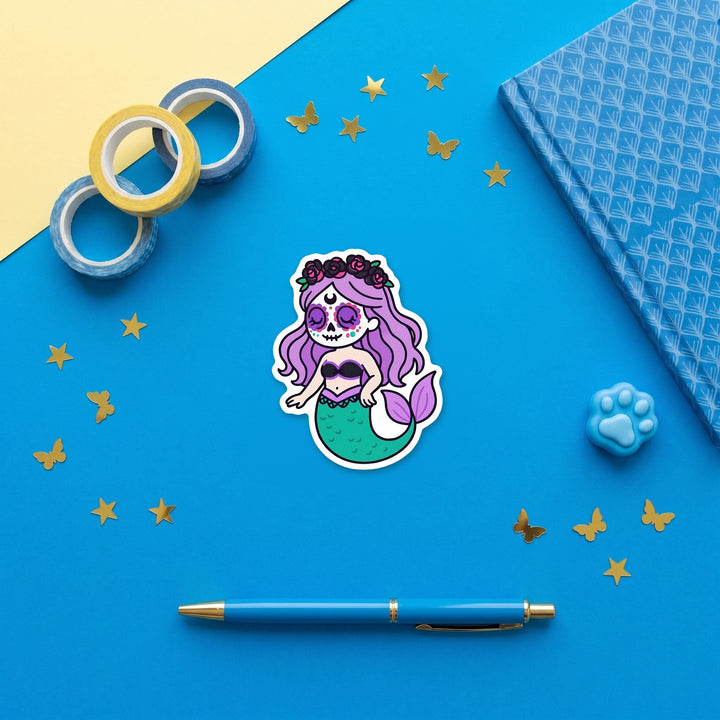 Gothic mermaid flexible fridge magnet flat lay with blue and yellow stationery – Designs by Mysh