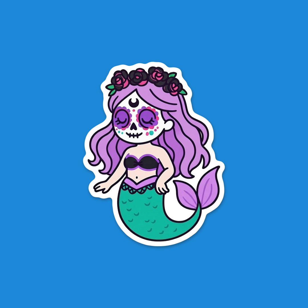 Gothic mermaid flexible fridge magnet with lavender hair and a sugar skull face – Designs by Mysh