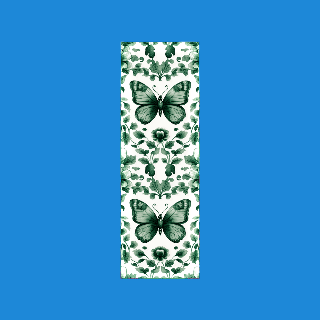 Green butterfly chinoiserie 2x6 bookmark with mirrored florals on cream - Designs by Mysh