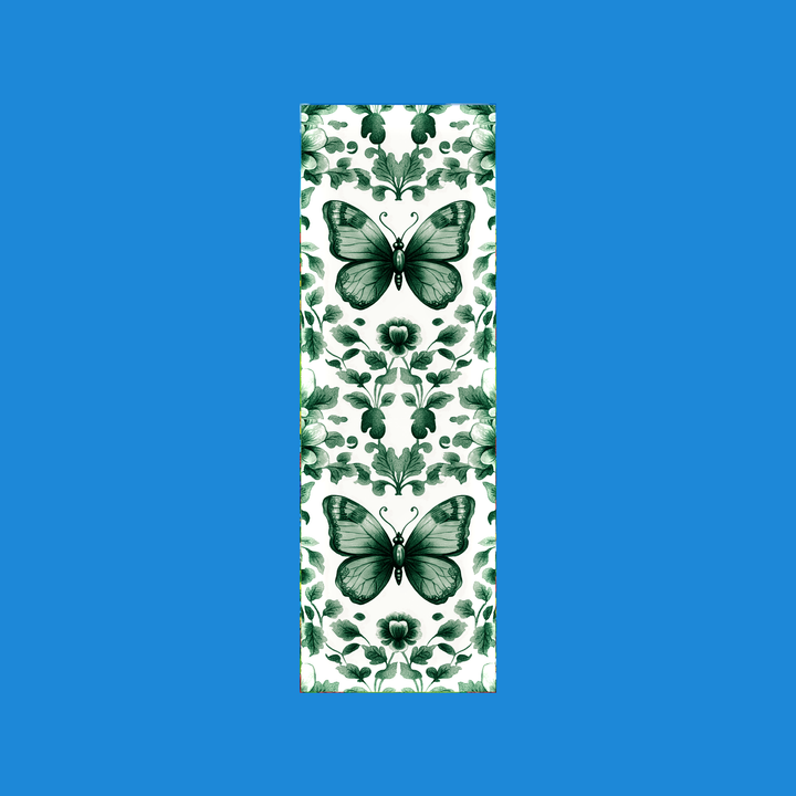Green butterfly chinoiserie 2x6 bookmark with mirrored florals on cream - Designs by Mysh
