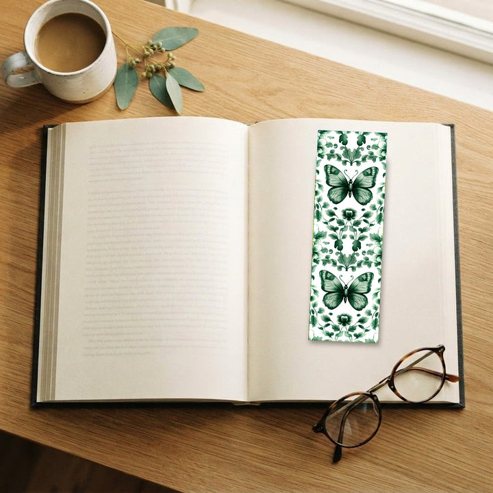 Green Butterfly Chinoiserie bookmark on an open book with coffee and glasses - Designs by Mysh