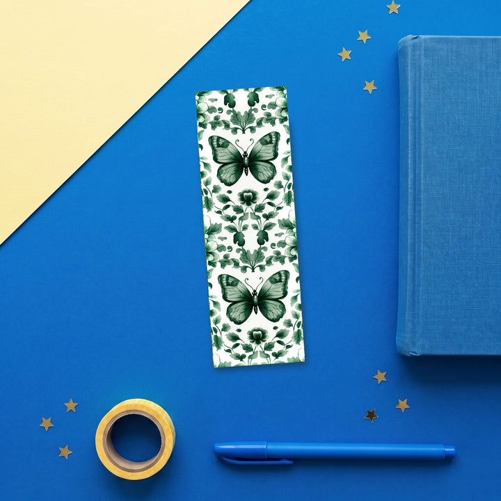 Green Butterfly Chinoiserie 2x6 inch bookmark flat lay with blue book and stationery - Designs by Mysh