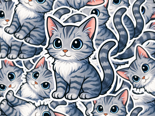 Gray Tabby Cat Sticker, Cute Chibi Kitty Vinyl Decal, Cat Lover Gift, Waterproof Laptop Sticker