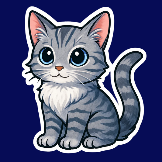 Cartoon cat with blue eyes and a striped tail on a white background