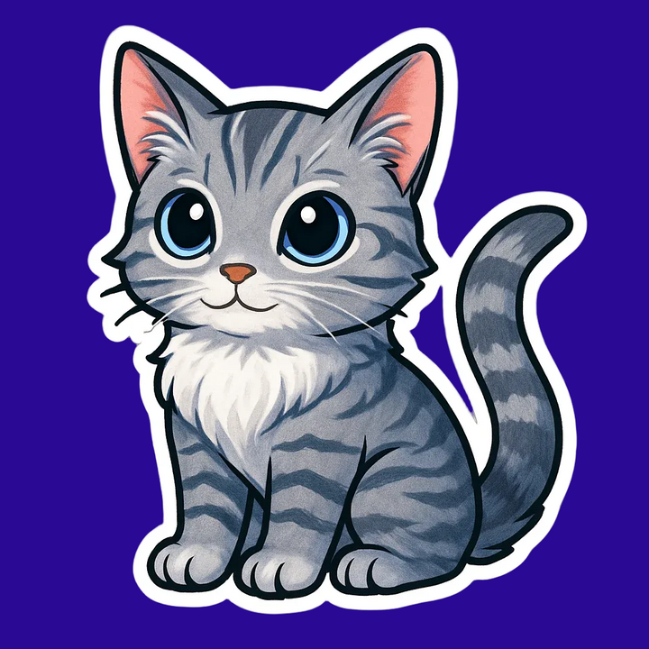 Cartoon cat with blue eyes and a striped tail on a white background