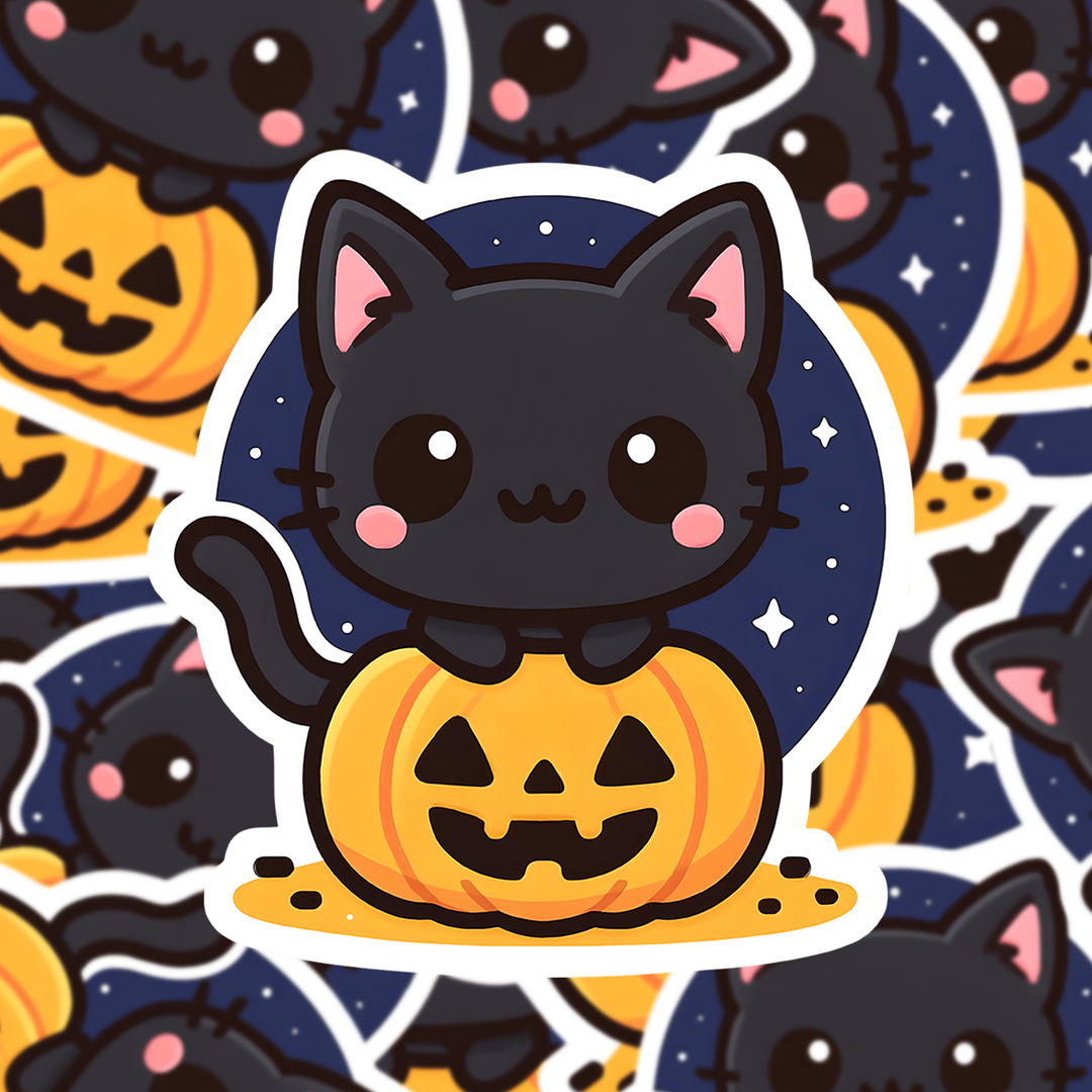 Cute Halloween Cat Sticker, Kawaii Black Cat Pumpkin Sticker, Fall Aesthetic Vinyl Decal, Spooky Season Planner Decor - Designs by Mysh