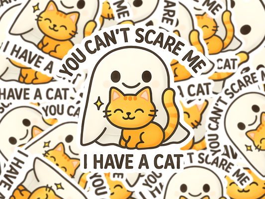 Funny Cat Halloween Sticker, You Can’t Scare Me Ghost Decal, Kawaii Cat Lover Vinyl Sticker, Cute Fall Sticker for Planners