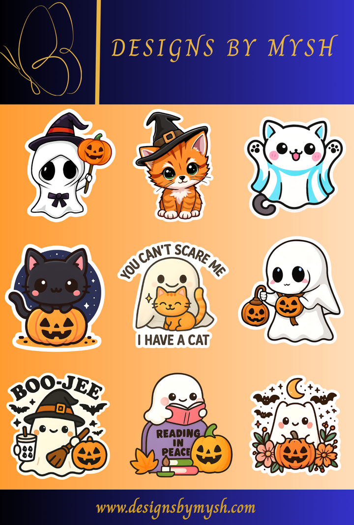 Cute Halloween Vinyl Decal sticker Sheets, Kawaii Ghost Cat Decals, Witchy Autumn Decor, Spooky Animal Sticker - Designs by Mysh