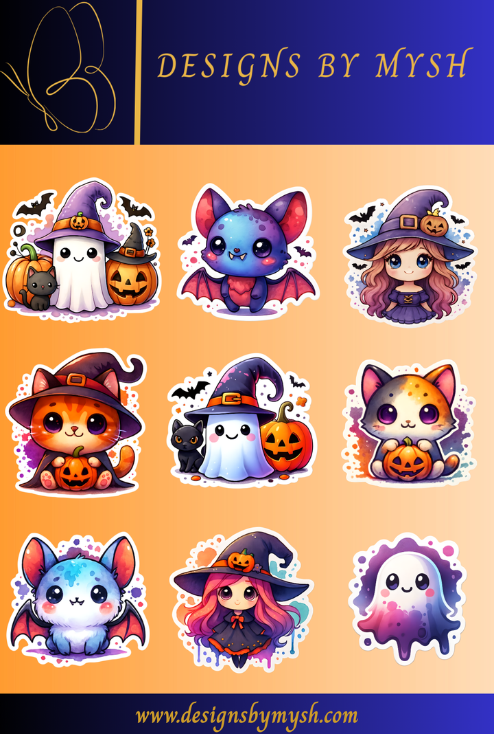Cute Halloween Vinyl Decal sticker Sheets, Kawaii Ghost Cat Decals, Witchy Autumn Decor, Spooky Animal Sticker - Designs by Mysh