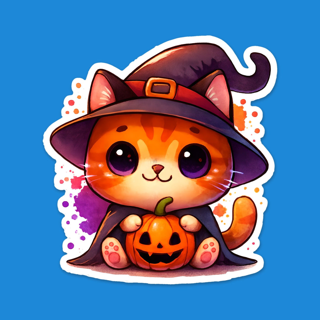 Halloween Witch Cat Sticker – Cute Orange Kitty with Pumpkin | 3-Inch Vinyl Die Cut - Designs by Mysh