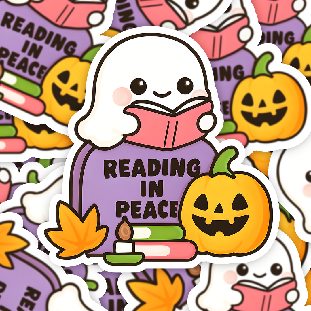 Reading in Peace Sticker, Halloween Ghost Book Lover Decal, Cozy Fall Vinyl Sticker, Kawaii Spooky Reading Sticker - Designs by Mysh