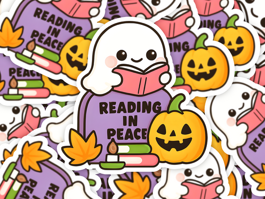 Reading in Peace Sticker, Halloween Ghost Book Lover Decal, Cozy Fall Vinyl Sticker, Kawaii Spooky Reading Sticker