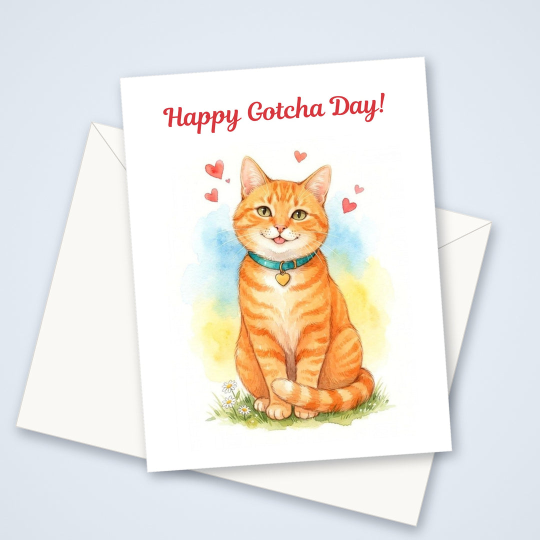 Happy Gotcha Day greeting card with a watercolor orange tabby cat in a teal collar and floating hearts, shown with a white envelope