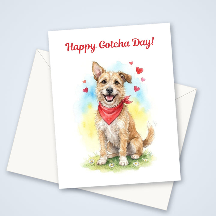 Happy Gotcha Day greeting card with a watercolor rescue dog in a red bandana and floating hearts, shown with a white envelope