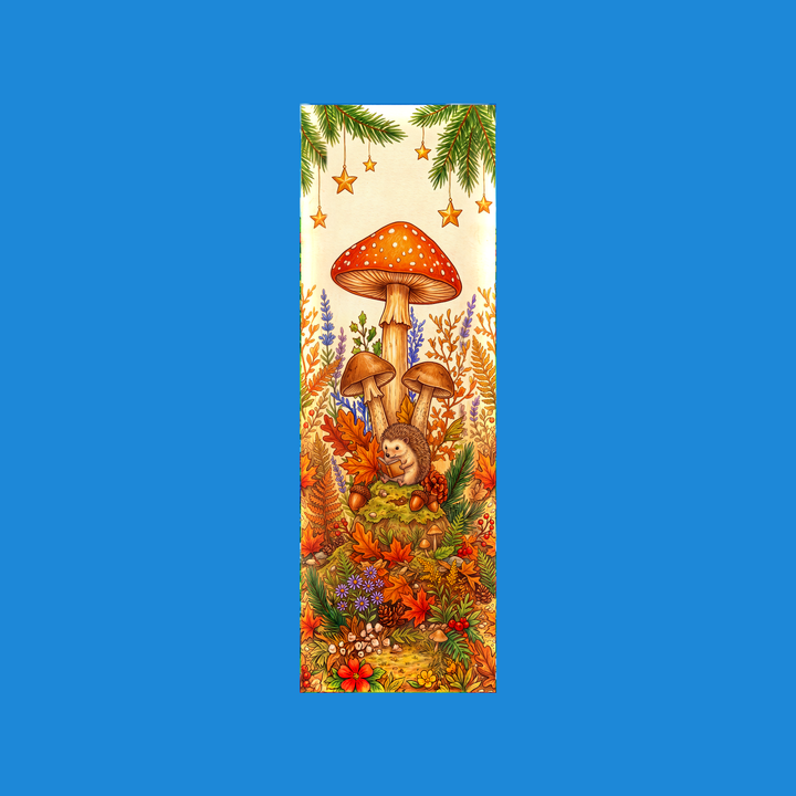 Hedgehog mushroom 2x6 bookmark: hedgehog reading a book under an orange toadstool with hanging gold stars, autumn leaves, asters and acorns - colored-pencil storybook art by Designs by Mysh
