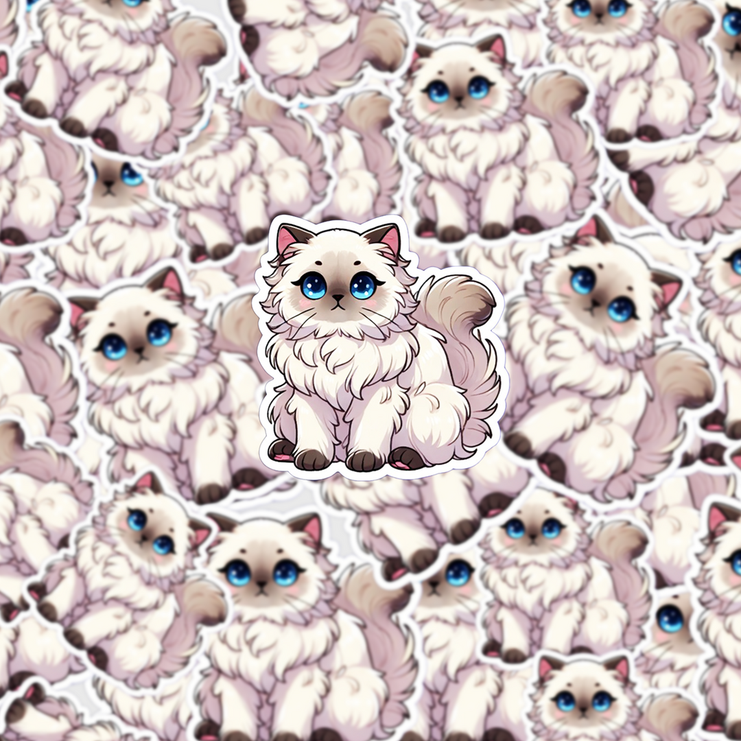 Himalayan Cat Sticker, Cute Fluffy Cat Decal, Kawaii Animal Sticker, Laptop & Water Bottle Sticker - Designs by Mysh