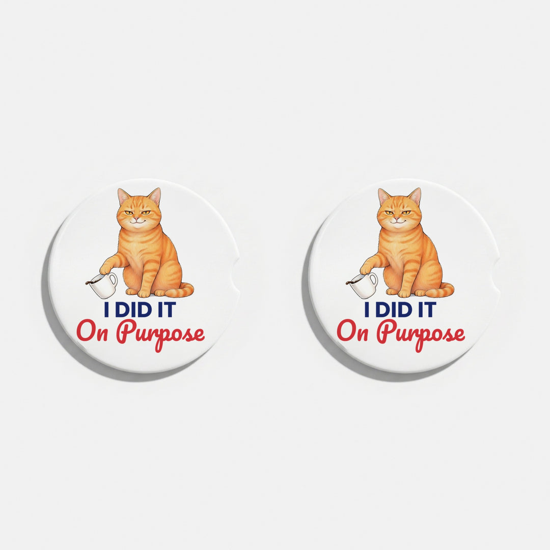 I Did It On Purpose ceramic car coasters, set of 2, smug orange tabby cat with a coffee mug – Designs by Mysh