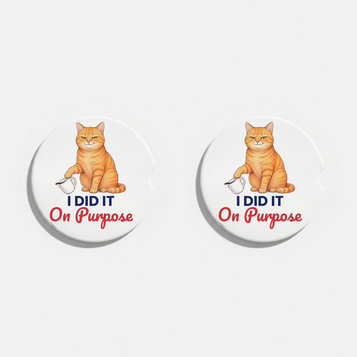 I Did It On Purpose ceramic car coasters, set of 2, smug orange tabby cat with a coffee mug – Designs by Mysh