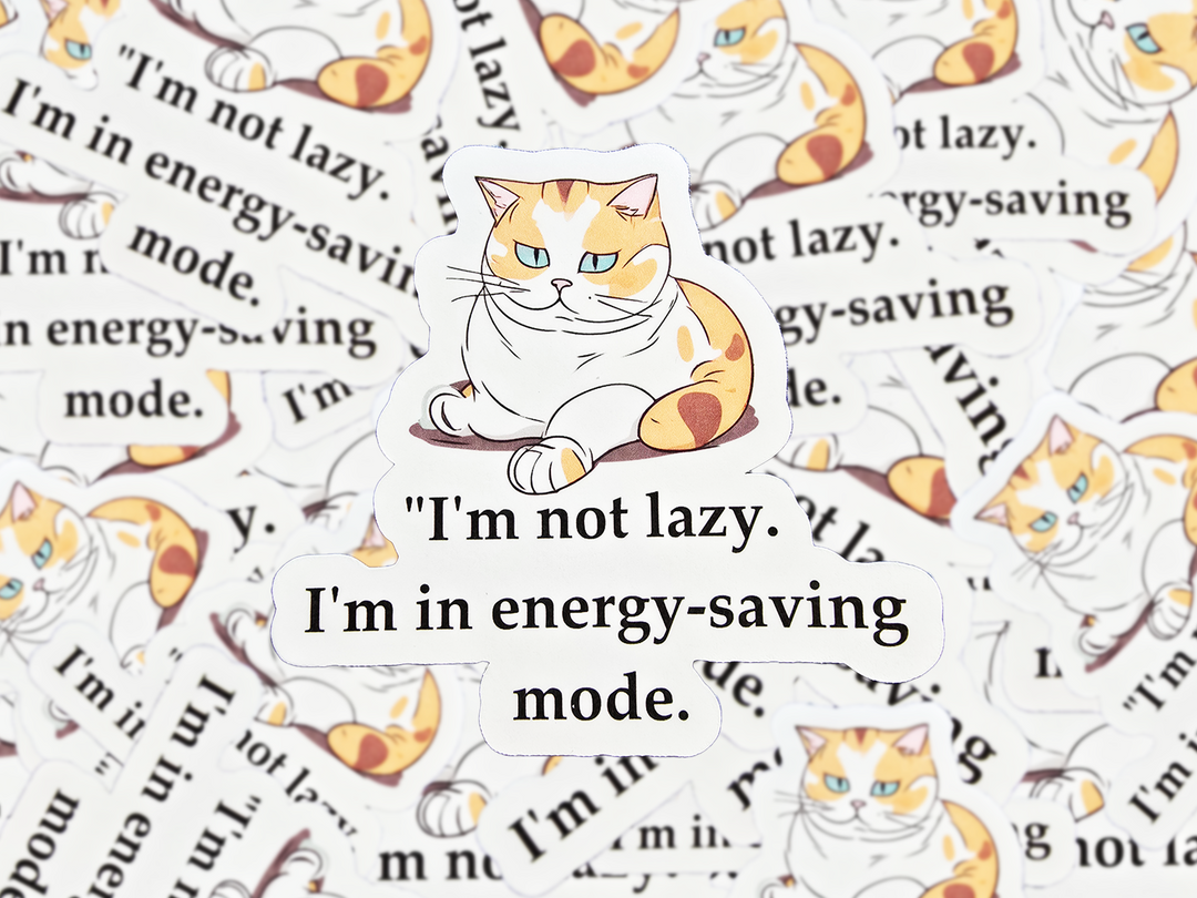 Energy Saving Mode Cat Sticker, Funny Lazy Cat Vinyl Decal, Cute Animal Humor, Gift for Cat Lovers, Laptop or Water Bottle Sticker - Designs by Mysh